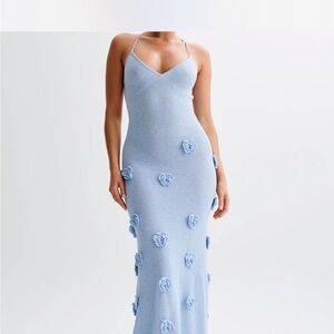 Meshki Light Blue Strapless Dress with Floral Accents